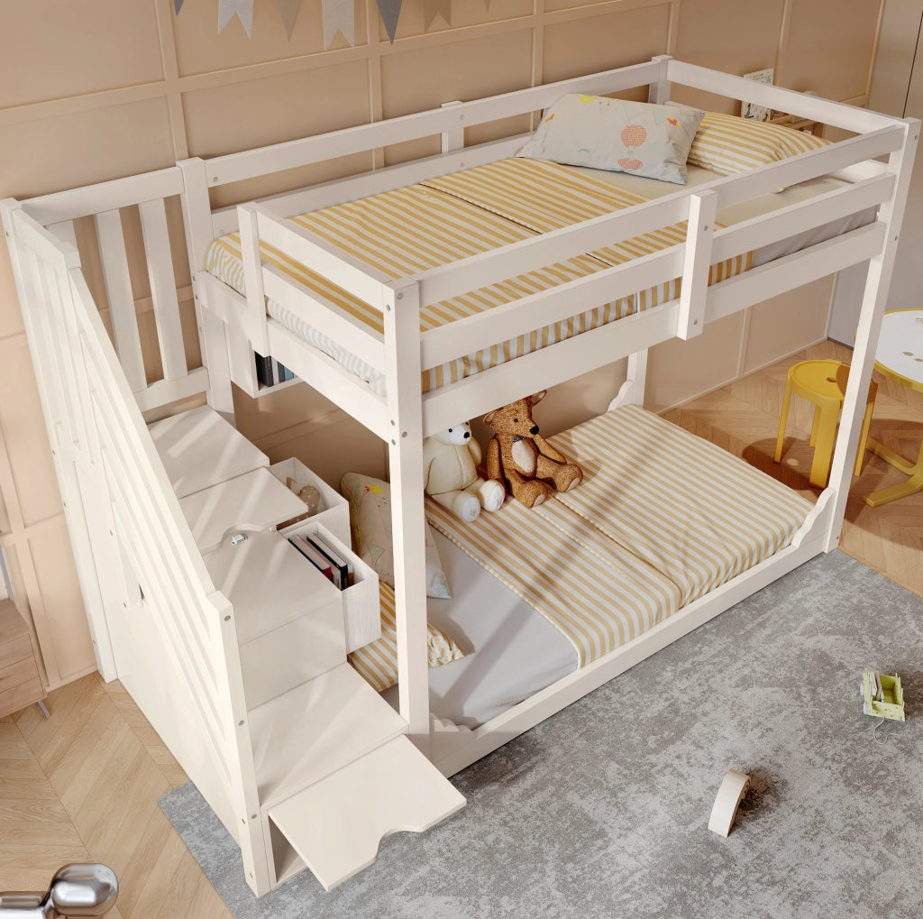 Letto a castello 90x200 cm bianco con scala contenitore, ripiani e protezioni