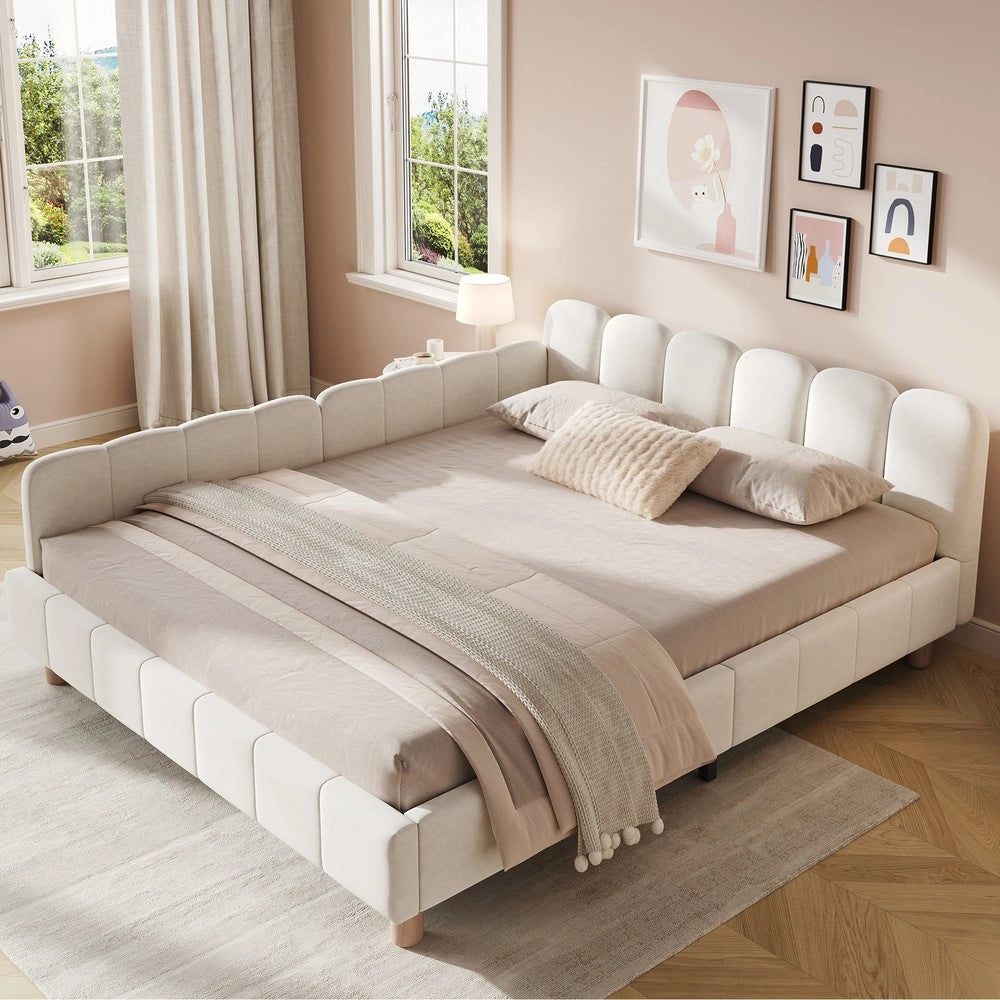 Letto imbottito per bambini 140x190 cm - Zephmum - Testiera e sponde imbottite, velluto, beige