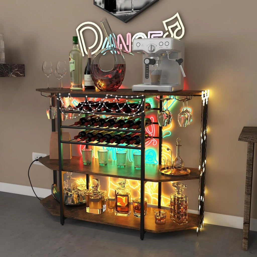 Credenza con portabottiglie per 21 bottiglie, tavolino da cucina sottile con 2 porte USB e 2 prese, portabottiglie a 3 livelli con supporto in vetro, tavolo industriale per vino, 120 x 40 x 92