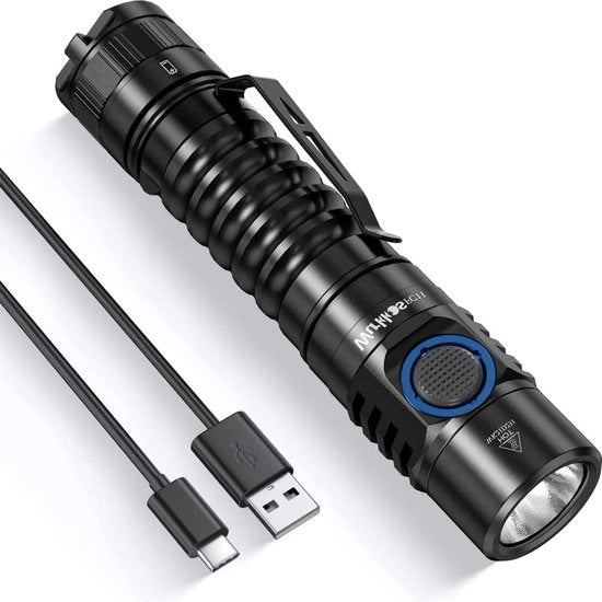 Lanterna LED 1300 lumen - Indice di visibilità 90 - Ricaricabile via USB-C - 6 livelli di illuminazione - Regolazione di intensità senza scatti - Magnetico - Batteria 18650 - Luce bianca neutra