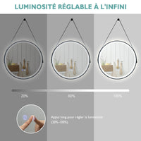 Specchio da bagno rotondo a led da 60 cm con illuminazione a tre colori, specchio da parete con memoria antiappannamento, cinturino in pelle 20_0006299