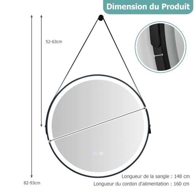 Specchio da bagno rotondo a led da 60 cm con illuminazione a tre colori, specchio da parete con memoria antiappannamento, cinturino in pelle 20_0006299