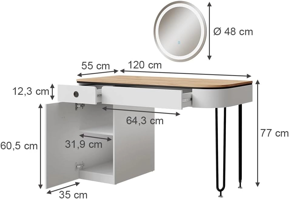 Tavolo da toilette Mia, Bianco/legno naturale, 120 cm con specchio LED, con illuminazione LED e grande specchio per applicazioni di trucco