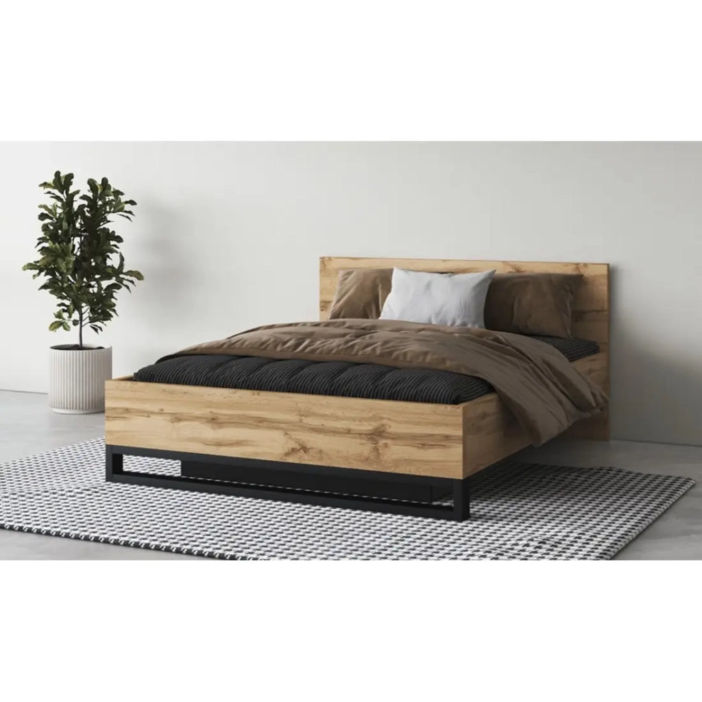 Letto contenitore MILOS 140 x 200 cm con rete a doghe sollevabile – Rovere grezzo e nero – Stile industriale