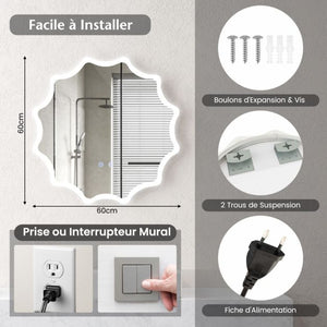 Specchio da parete rotondo con 3 colori chiari e specchio per trucco illuminato dimmerabile antiappannamento con pulsante Smart Touch 60 cm x 60 cm Argento 20_0008918