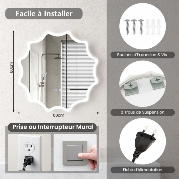 Specchio da parete rotondo con 3 colori chiari e specchio per trucco illuminato dimmerabile antiappannamento con pulsante Smart Touch 60 cm x 60 cm Argento 20_0008918