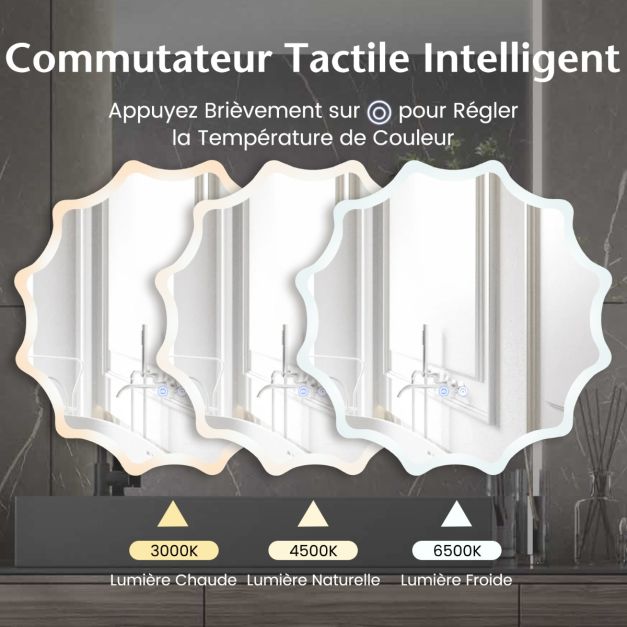 Specchio da parete rotondo con 3 colori chiari e specchio per trucco illuminato dimmerabile antiappannamento con pulsante Smart Touch 60 cm x 60 cm Argento 20_0008918