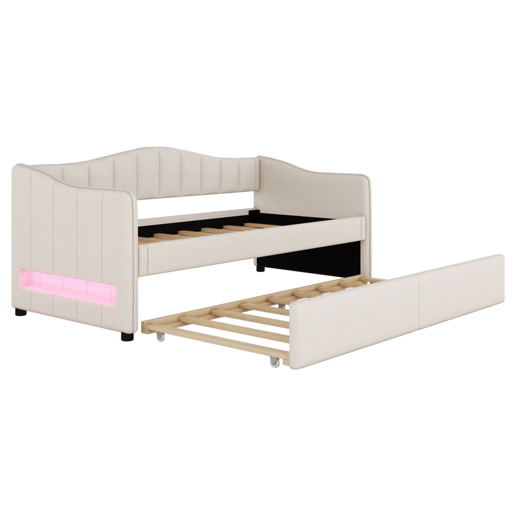 Letto Estraibile 90 × 200 cm; Letto Singolo con LED Regolabile e Letto Estraibile; senza Materasso; in Lino e MDF; Beige