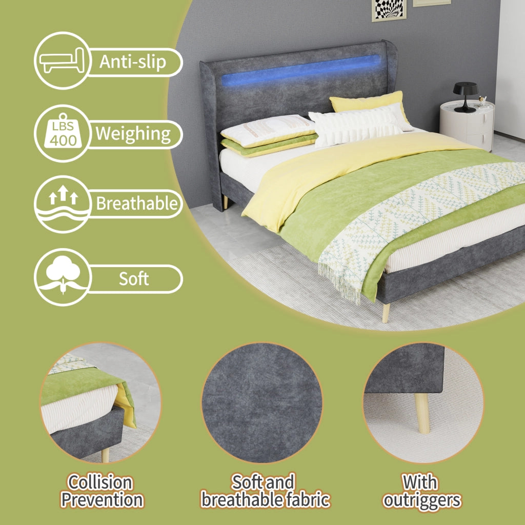DESMIU Letto 140 × 200 cm 2 posti con LED regolabile e testiera regolabile, senza materasso, in tessuto, grigio
