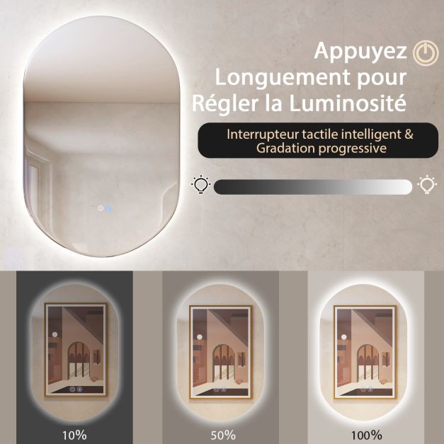 Specchio da parete ovale per bagno a LED 80 cm x 50 cm retroilluminato dimmerabile 3 colori interruttore Smart Touch antiappannamento antideflagrante 20_0006308