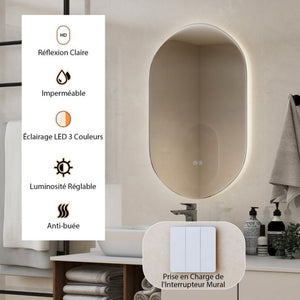Specchio da parete ovale per bagno a LED 80 cm x 50 cm retroilluminato dimmerabile 3 colori interruttore Smart Touch antiappannamento antideflagrante 20_0006308