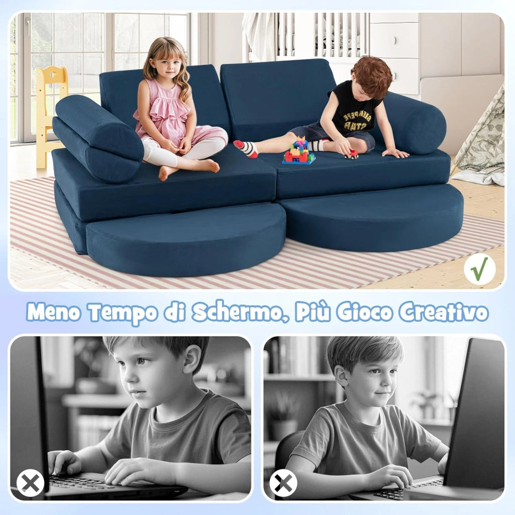 Divano in stile Block 13 Pezzi per Bambini, Divanetto Convertibile per Asilo, Cameretta e Soggiorno, Cuscini Bambini Gioco Blocchi (Blu)