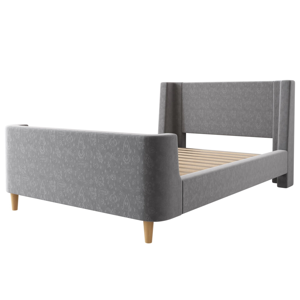 Letto singolo a slitta con motivo spaziale; 90x200 cm; in velluto grigio