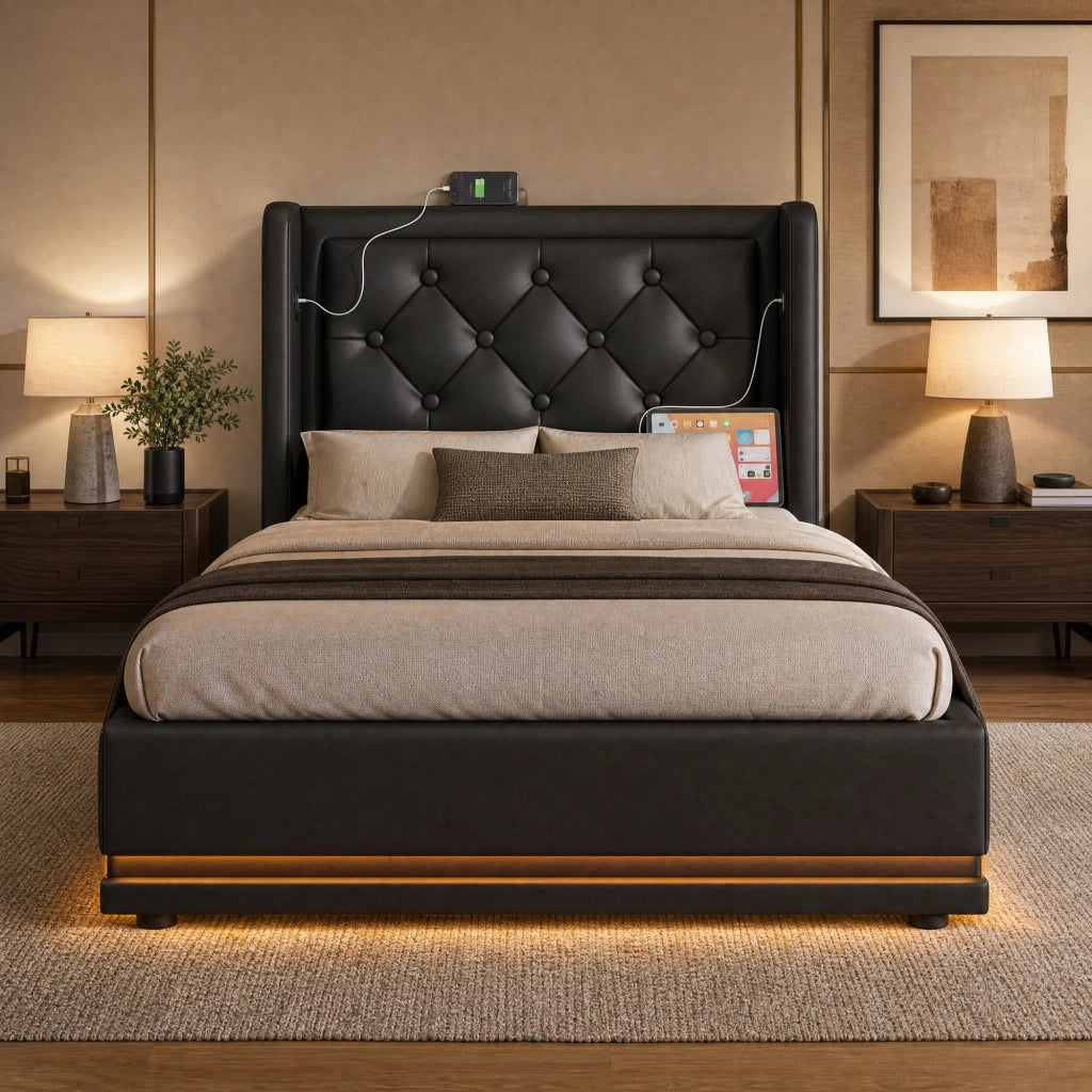 Letto singolo 90x200 cm in PU nero con contenitore; testiera imbottita; LED e USB Type-C