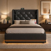 Letto singolo 90x200 cm in PU nero con contenitore; testiera imbottita; LED e USB Type-C