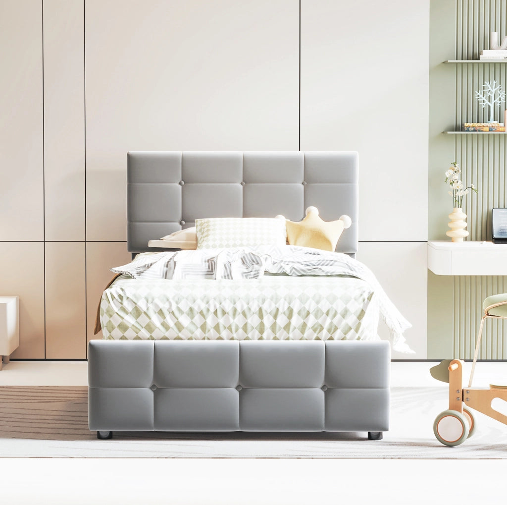 Letto imbottito per bambini 90x200 cm con contenitore idraulico; testiera regolabile; velluto grigio