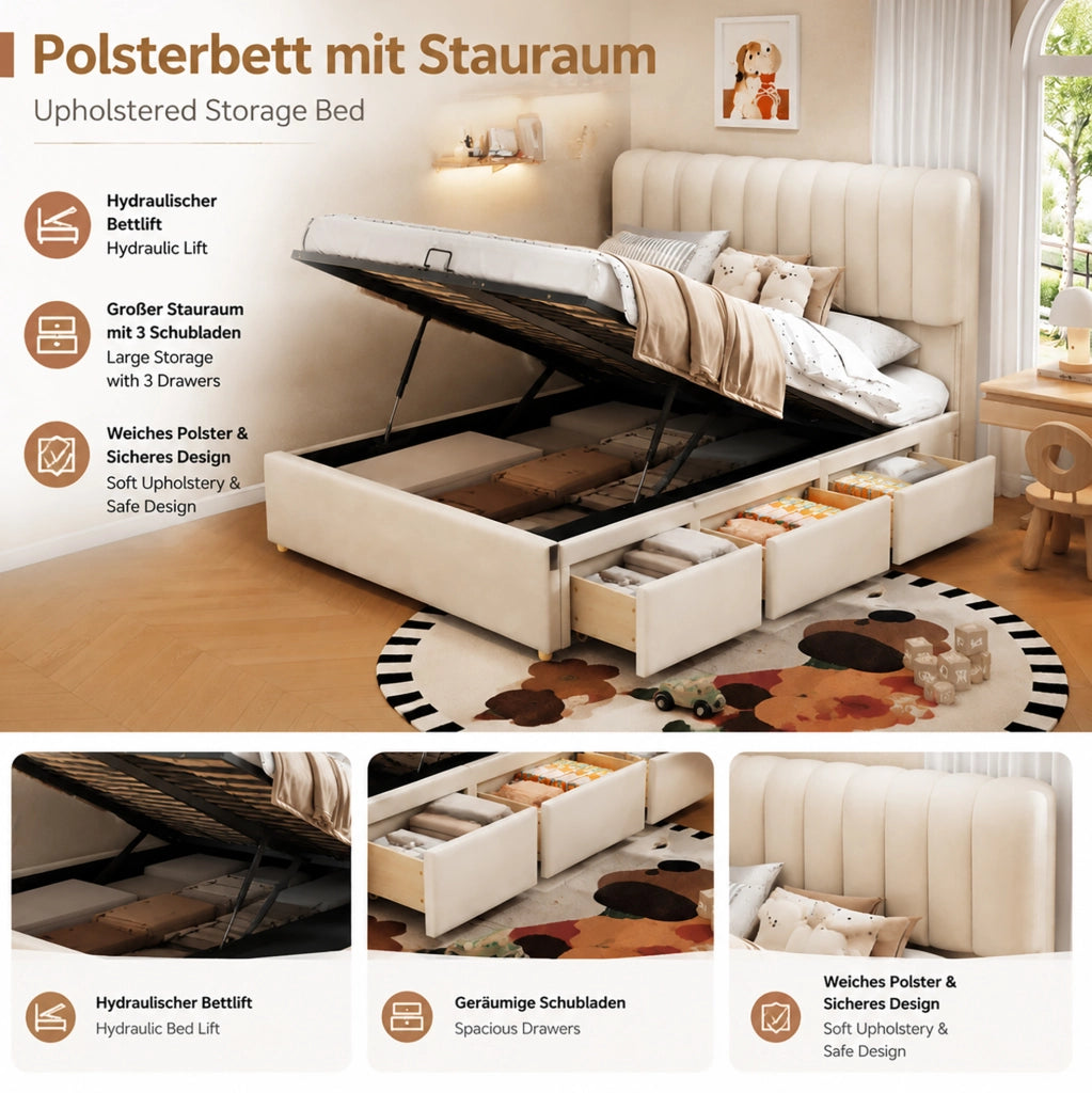 Letto contenitore per bambini con 3 cassetti, LED e velluto beige