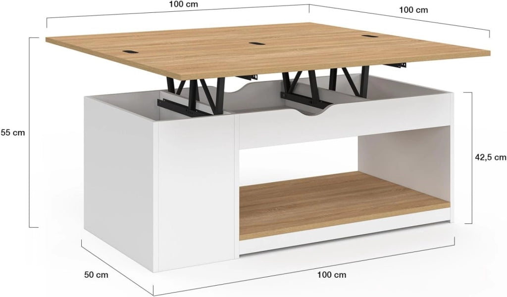 Tavolino rettangolare con piano sollevabile, trasformabile in tavolo da pranzo ELEA, 100 cm, legno bianco e impiallacciato faggi