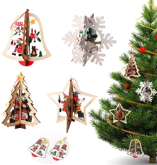 Decorazioni per Albero di Natale a 3D in Legno - 4 pezzi - Dimensioni Ora: 10,7 x 9,5 cm - Decorazione per Natale con Ora, Stella, Neve e Albero