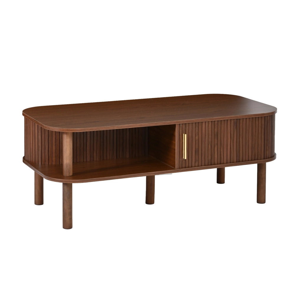 Tavolino da caffè scandinavo 110x55x45 cm con porta scorrevole; effetto noce; MDF