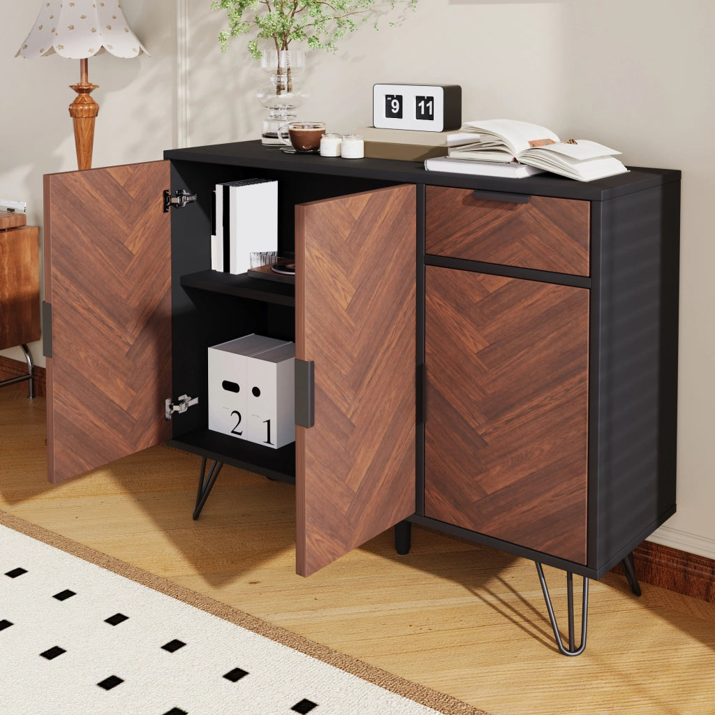 Credenza con 3 Ante e 1 Cassetto; Ripiani Regolabili in Altezza; Stile Moderno; in MDF; Nero e Legno; 90??30??71;5 cm