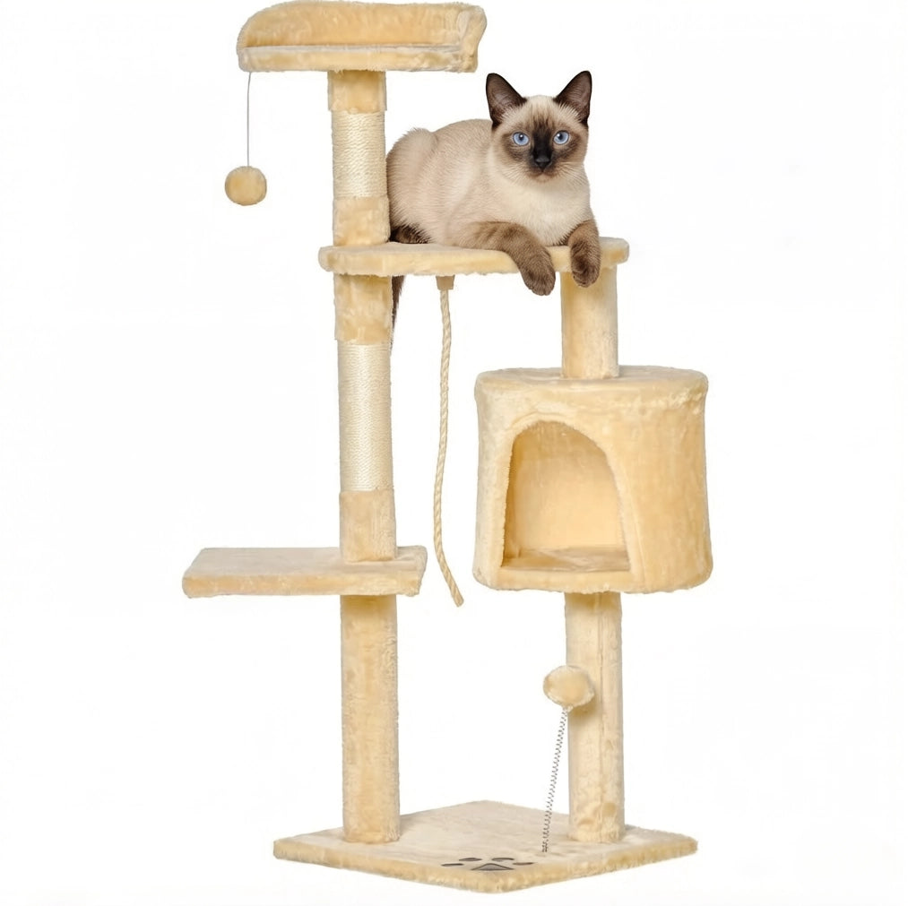 Albero tiragraffi beige 114 cm con nicchia, amaca e piattaforme