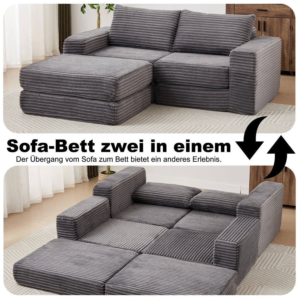Divano letto modulare in corduroy con pouf removibile, braccioli quadrati e configurazione flessibile, grigio