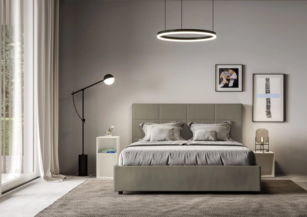 Letto Matrimoniale 160x210 cm con Rete e Contenitore con Alzata Comoda Imbottito in Similpelle Mika Cappuccino