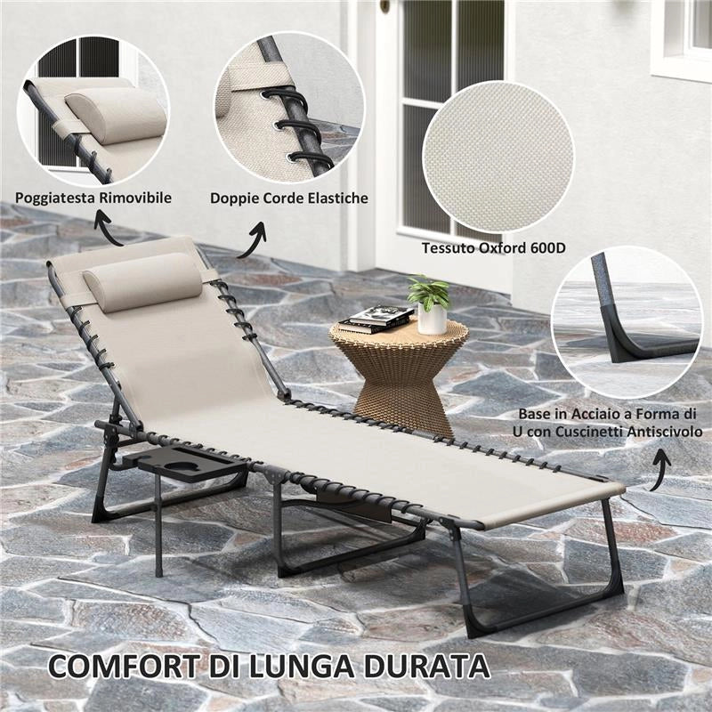 SDRAIO PIEGHEVOLE E RECLINABILE A 5 LIVELLI CON TAVOLINO LATERALE E TASCA 60X190X31 CM CREMA
