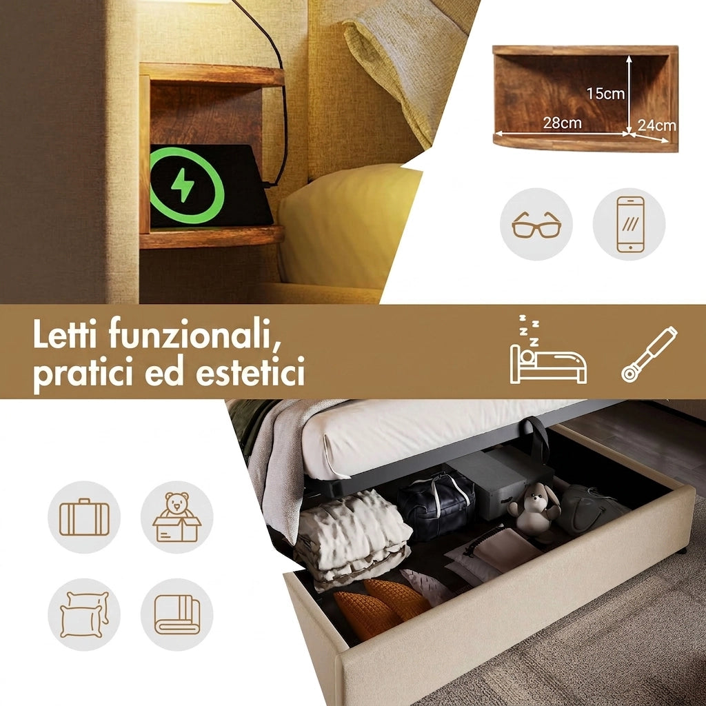 Letto Matrimoniale 160x200 con Contenitore e Prese USB; Letto Imbottito in Lino Beige con Luce da Lettura