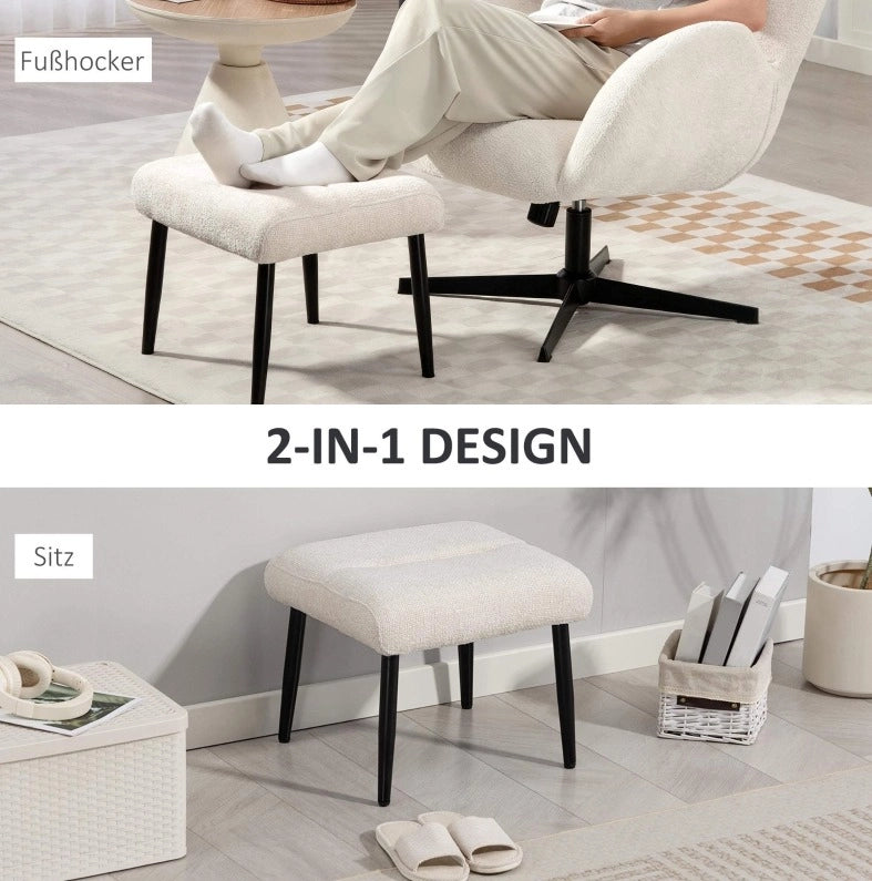 Pouf con cuscino in ciniglia e gambe in acciaio color crema