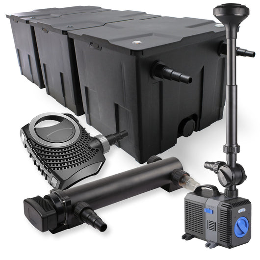 Set Filtro a 3 camere laghetto 90000l con Chiarificatore UVC 36W Pompa NEO10000 80W Fontana