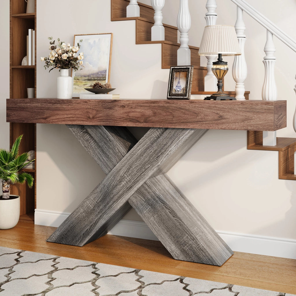 Consolle con supporto a X - per ingresso - in truciolare - 140x30x80 cm - noce