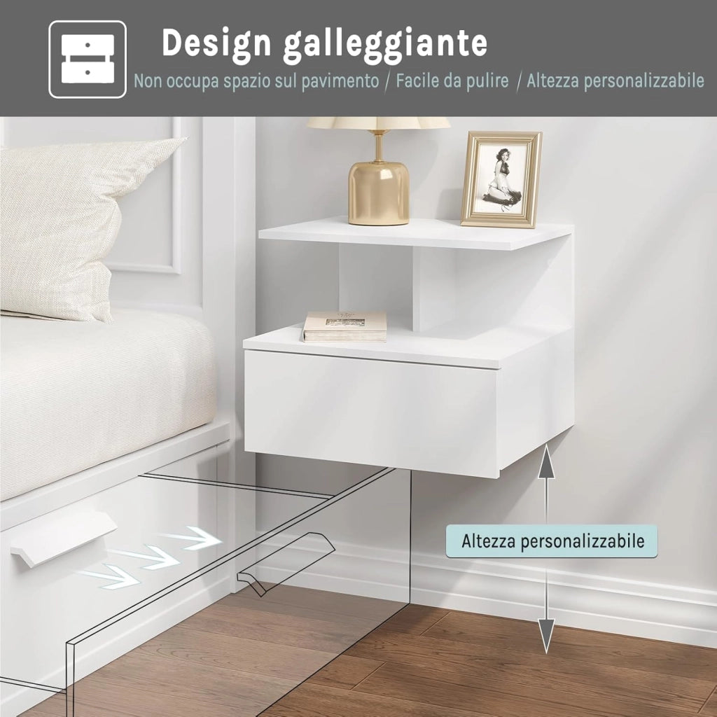 Set di 2 Comodino Sospeso, Comodino per Camera da Letto con 1 Cassetto e 1 Scomparto Aperto, Fissaggio a Parete, Mobiletto per Cameretta Moderno, in Legno,40x35x31cm, Bianco, NTS03ws-2