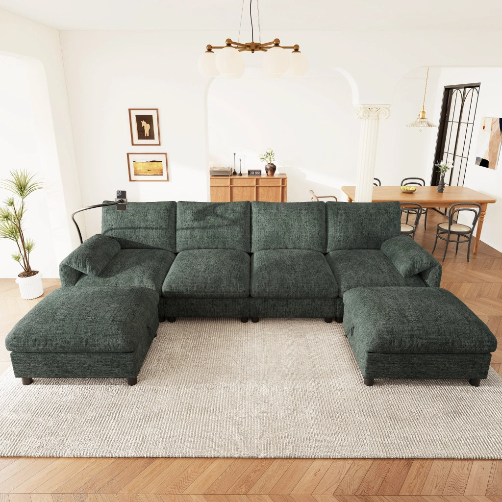 Divano angolare modulare 6 posti con due pouf contenitore e ricarica USB Type-C e portatelefono in chenille verde