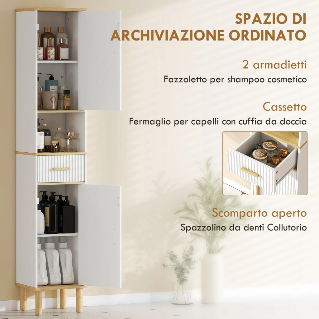 Armadietto 172 cm, Mobile Bagno con Cassetto e Ripiani Regolabili, Bianco