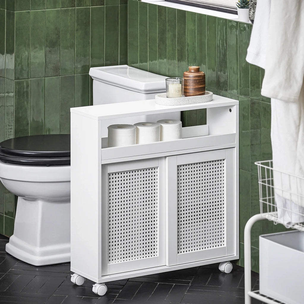 Mobile Nicchia Con Ruote Carrellino Salvaspazio Con Due Ante Scorrevoli In Rattan Mobile Bagno Bianco 20x65x70cm BZR119-W SoBuy