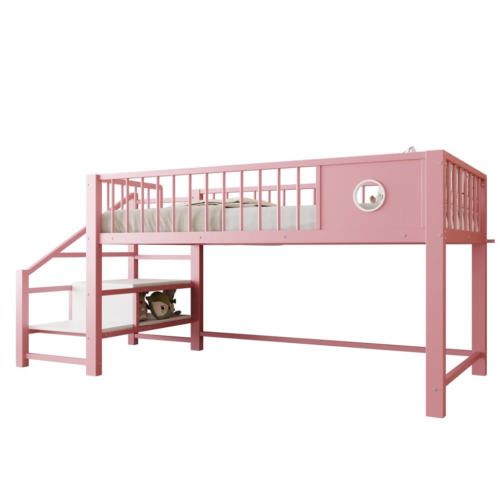 Letto a soppalco 90x200 cm con scala contenitore e vano sottostante in metallo rosa