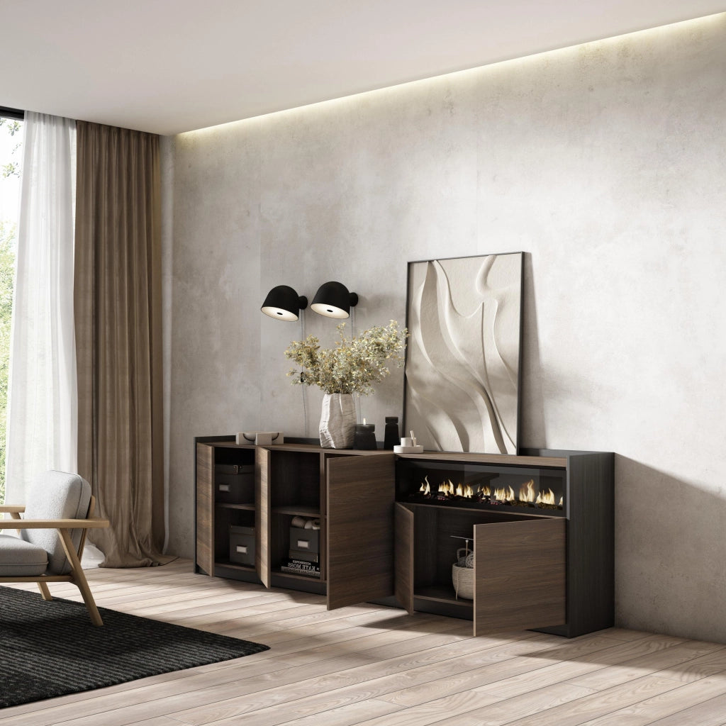 Credenza, Mobile, Cucina, 260x80x37 cm, 5 Porte, Camino elettrico, Rovere scuro e Nero