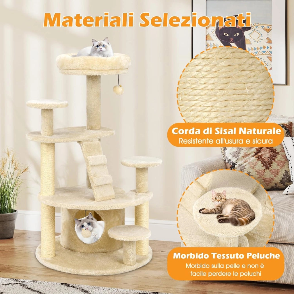 Albero per Gatti, Tiragraffi per Gatti con Condominio, Piattaforma Imbottita, Tiragraffi, Pallina di Peluche Pendente e Scala, Centro Attività per Animali Domestici Interno