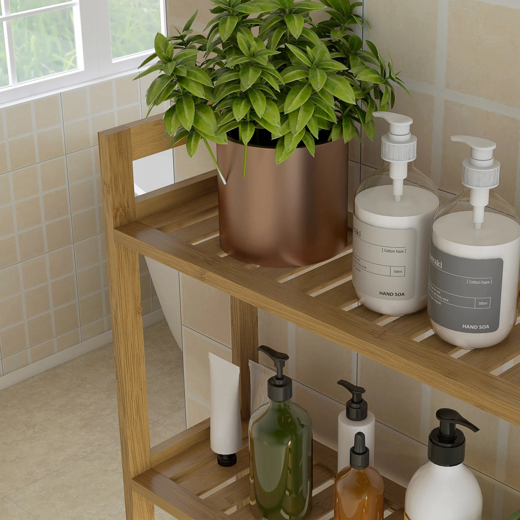 Scaffale bagno sopra WC in bambù naturale con 3 ripiani e sistema antiribaltamento