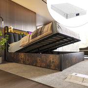 Letto matrimoniale 160x200 cm in metallo e lino grigio con LED RGBW; prese USB e contenitore