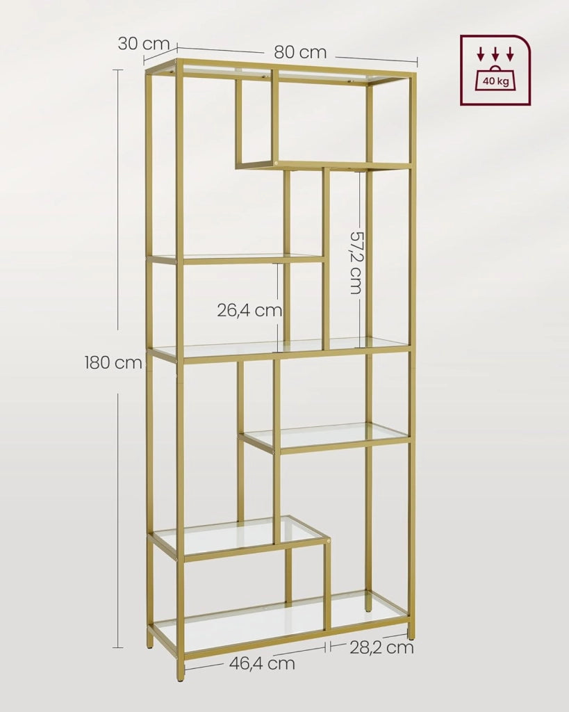 VASAGLE Libreria Scaffale, Libreria Verticale a 6 Ripiani, Porta Piante, 30 x 80 x 180 cm, Vetro Temperato, Studio Soggiorno Camera da Letto Cucina, Oro Metallico LGT502A01