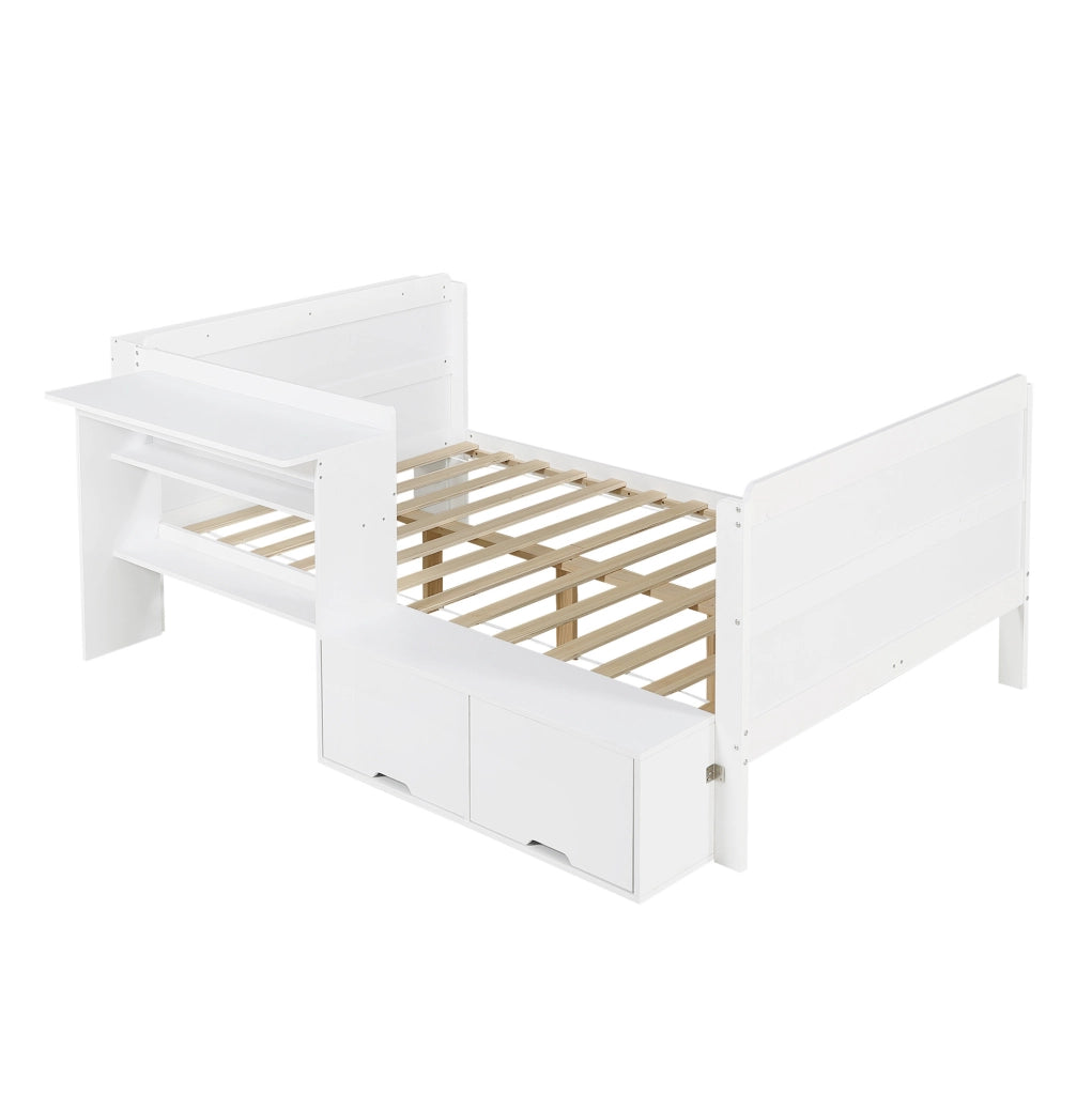 Letto funzionale 120x200 cm con scrivania; vano con anta a ribalta e ripiano; bianco