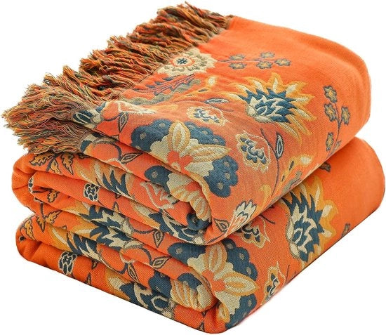 Deken a quadri katoeno, plaid con frange, coperta a boho con reverso, 230x250CM, elegante e morbida coperta per divano, TV, letto, reversibile
