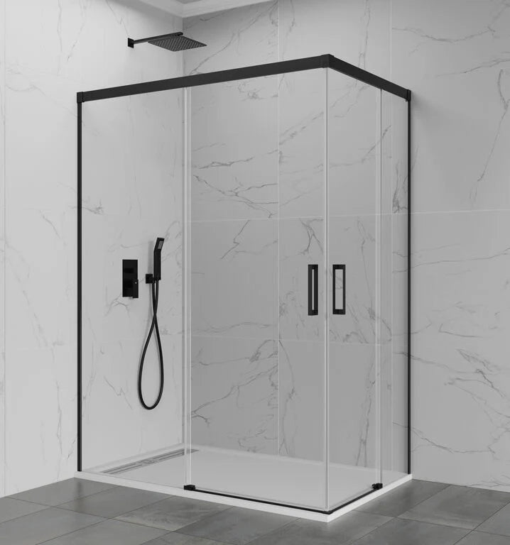Box doccia angolare BASIC apertura al vertice 140x80 cm (135-139/75-80) nero opaco vetro trasparente