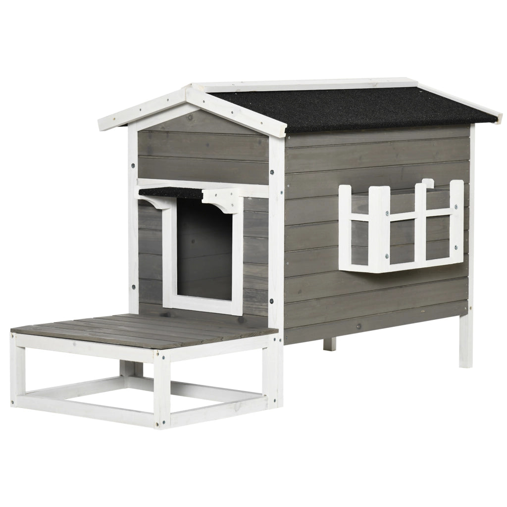 Casa per gatti in legno di abete con terrazza e balcone, grigio, 115 x 66,5 x 74,7 cm
