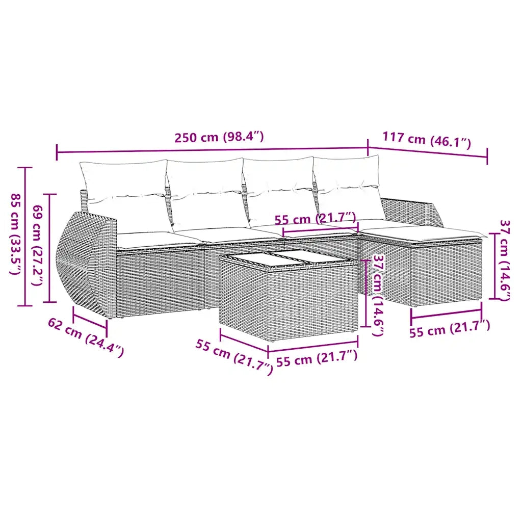 Set Divano da Giardino 6pz con Cuscini Grigio Chiaro Polyrattan
