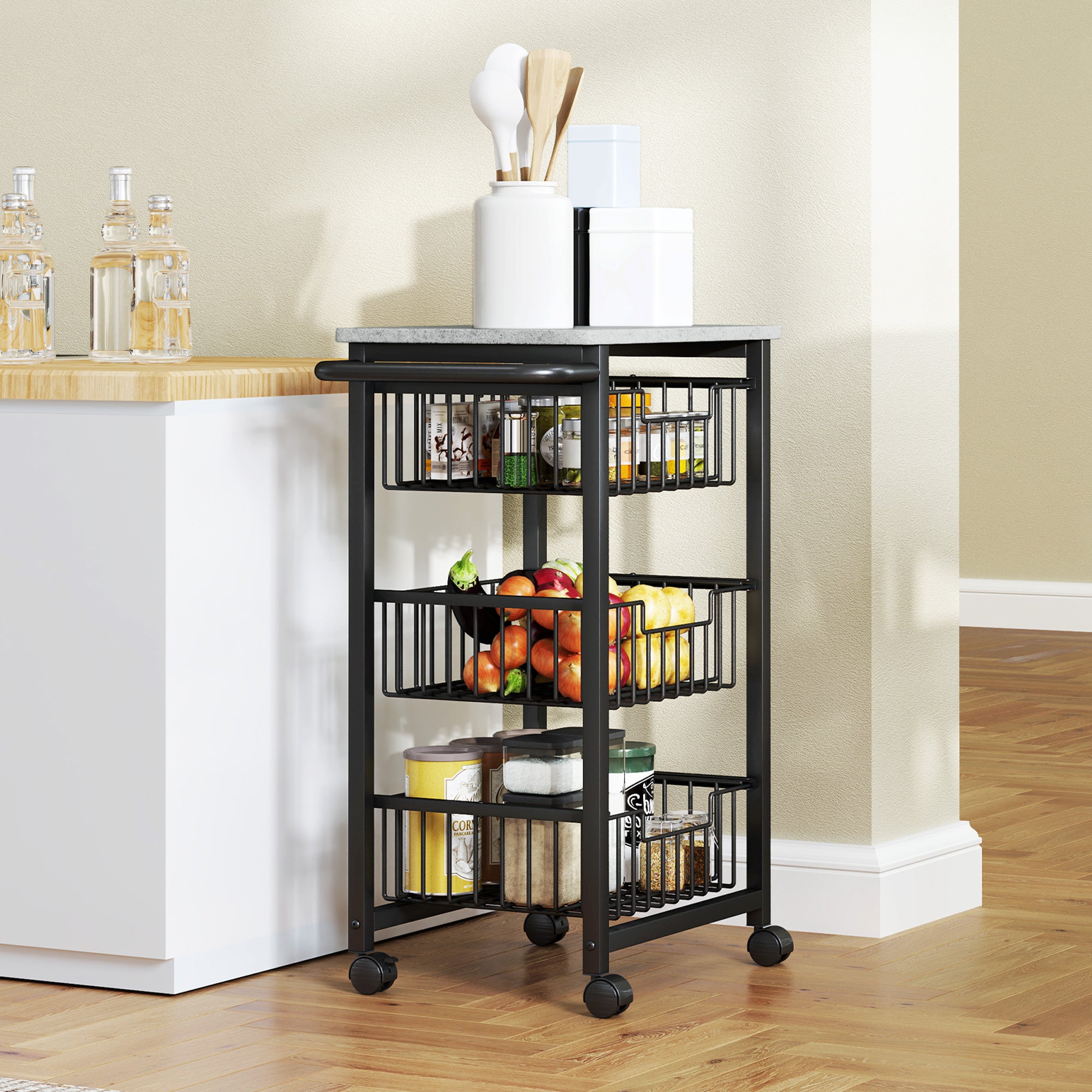 Carrello da Cucina 49,5x31x69 cm a 3 Cestelli con Maniglia in Acciaio e Legno Nero e Grigio Chiaro
