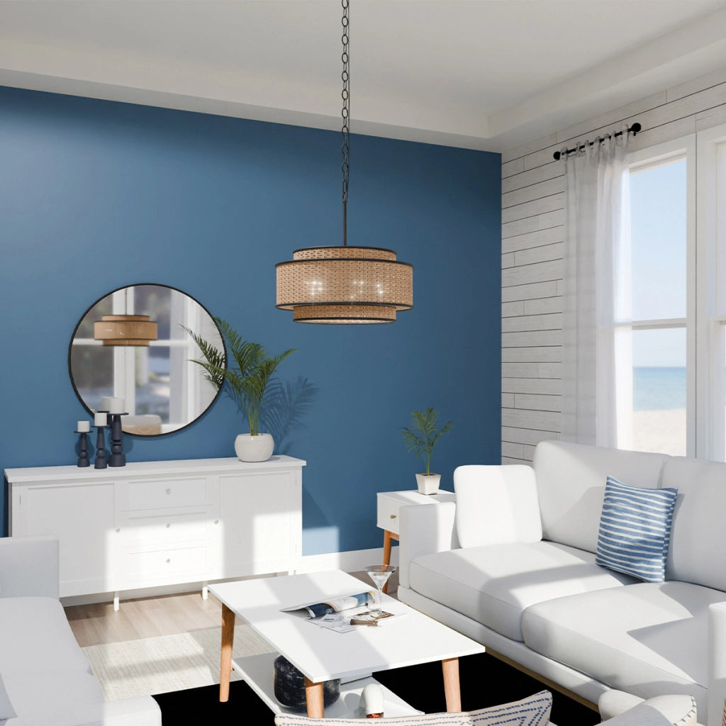 Sospensione boho in rattan beige/nero 5xE27 Quoizel Teton
